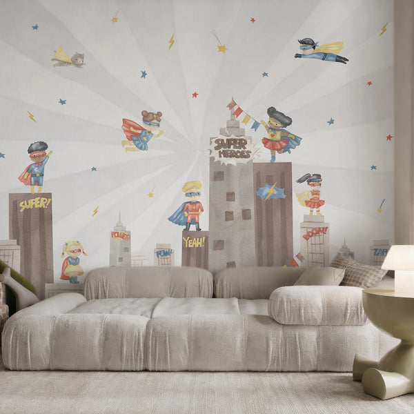 Watercolor superhero wallpaper featuring diverse flying kids, colorful capes, city buildings, stars, lightning bolts, and playful comic details.