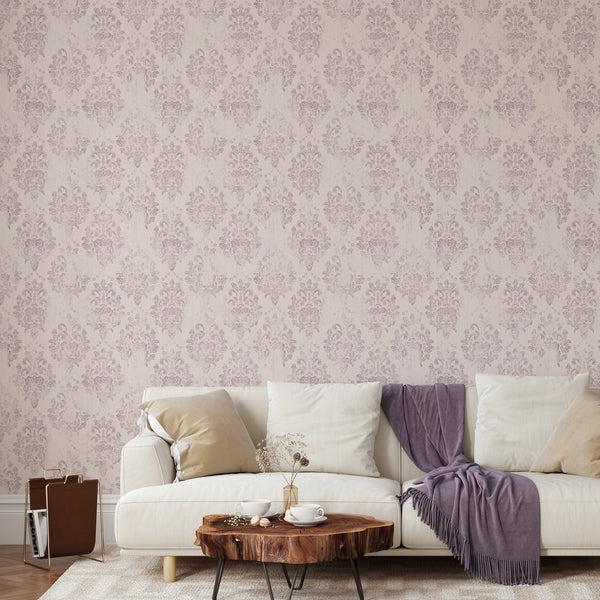 Soft blush pink damask wallpaper with a classic repeat, enhancing a feminine home office. Self-adhesive and easy to reposition, made in the USA.