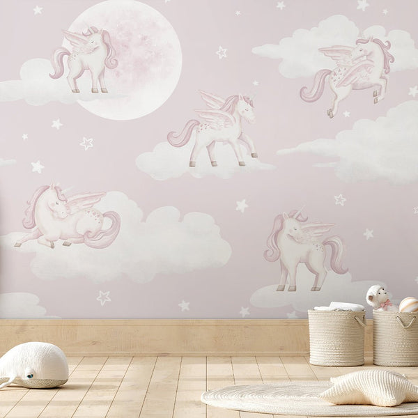 Pink Unicorns & Moon Wall Mural AM129 - CostaCover-Peel and stick Removable Wallpaper-accent wallpaper-adhesive wallpaper-baby bedroom