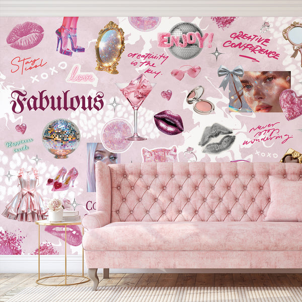 Pink Glam Fashion wall mural with glitter lips, disco balls, and heart sunglasses on a pastel pink background, perfect for a playful, luxe vibe in a bedroom or boutique.