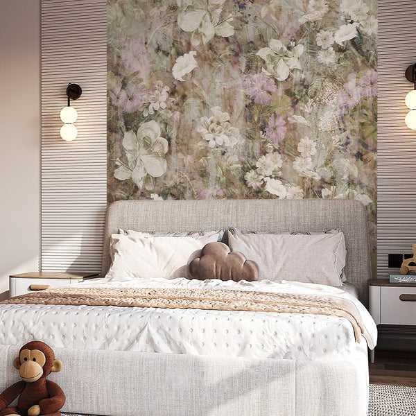 Beige Vintage Flowers Garden Wall Mural SM046 - CostaCover - Peel and stick Removable Wallpaper - abstract floral - accent wallpaper - adhesive wallpaper