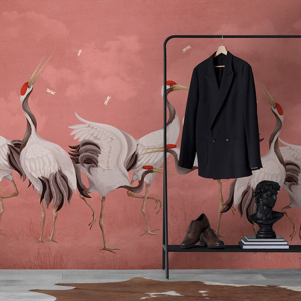 Pink Japanese Cranes Wall Mural WM108 - CostaCover - Peel and stick Removable Wallpaper - accent wallpaper - adhesive wallpaper - bathroom wallpaper