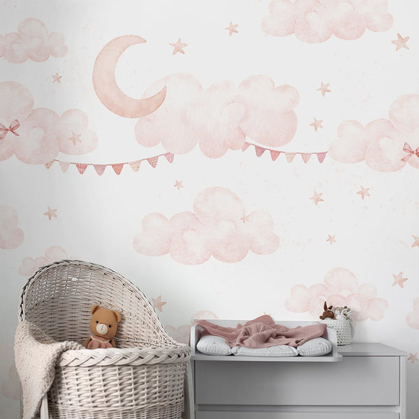 Pink Clouds Moon & Bunting Wall Mural SM072 - CostaCover - Peel and stick Removable Wallpaper - Abstract - abstract wall art - abstract wallpaper
