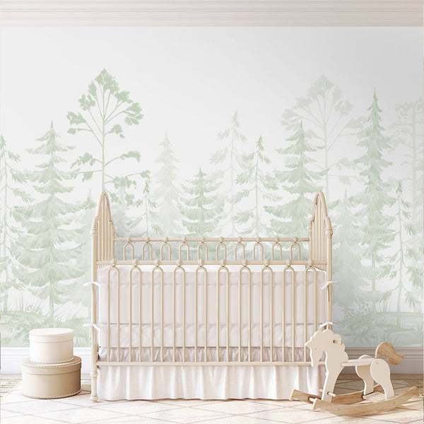 Soft Green Watercolor Pine Trees Wall Mural WM096 - CostaCover - Peel and stick Removable Wallpaper - accent wallpaper - adhesive wallpaper - baby bedroom