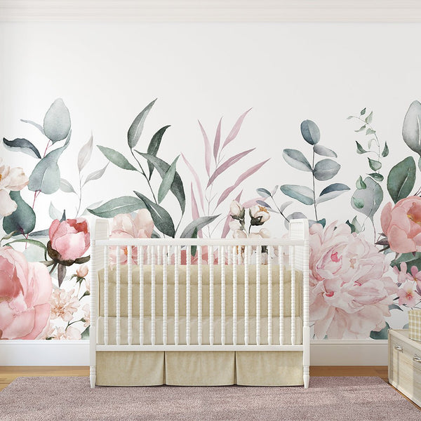 Pastel Pink Green Floral Wall Mural SM024 - CostaCover - Peel and stick Removable Wallpaper - accent wallpaper - adhesive wallpaper - baby bedroom