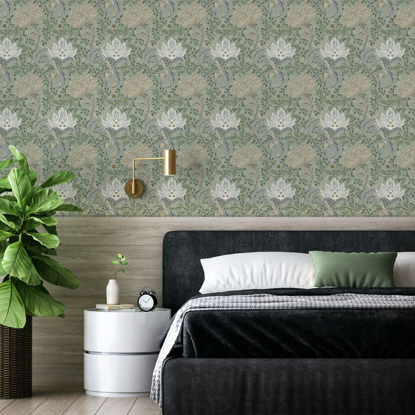 Windrush wallpaper with beige poppy-like blooms and acanthus leaves on a mid-green ground, suitable for traditional interiors. Perfect for dining rooms, providing a sophisticated, rhythmic botanical design.