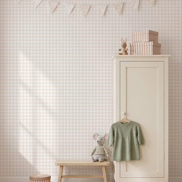 Minimalist beige plaid wallpaper with large repeating checks, delicate diagonal line details, and a warm neutral palette for modern home interiors.