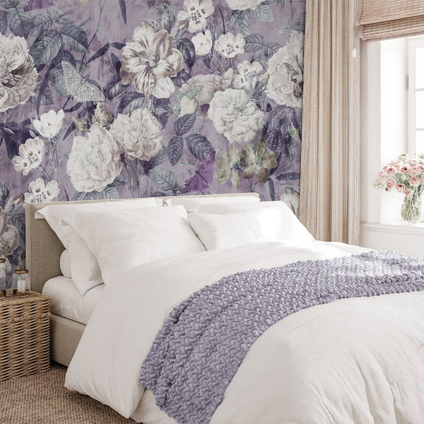 Purple Vintage Flower Garden Wall Mural SM048 - CostaCover - Peel and stick Removable Wallpaper - accent wallpaper - adhesive wallpaper - bathroom wallpaper