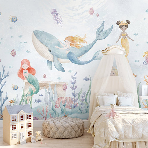 Mermaids and Whale Wall Mural SM066 - CostaCover - Peel and stick Removable Wallpaper - accent wallpaper - adhesive wallpaper - ariel mermaid