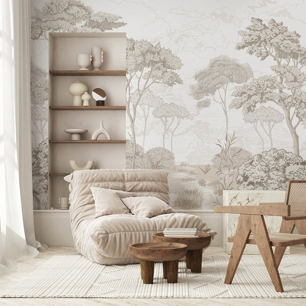 Close-up of Vintage Forest Wall Mural with delicate hatching and tall tree trunks. The neutral palette and smooth matte surface create a serene backdrop in living rooms, perfect for those seeking eco-friendly removable wallpaper.