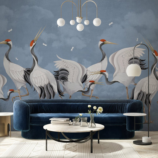 Blue Japanese Cranes Wall Mural WM111 - CostaCover - Peel and stick Removable Wallpaper - accent wallpaper - adhesive wallpaper - animal print