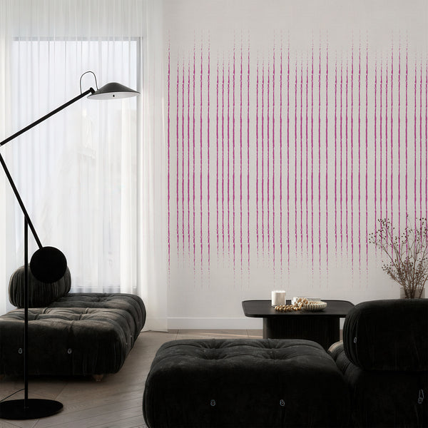Pink Vertical Stripes wall mural featuring vibrant pink-magenta hand-drawn lines on a warm neutral background, ideal for adding height and energy to bedrooms or home offices. The distressed texture and soft fade-outs create a modern, artsy rhythm, perfect for an accent wall.
