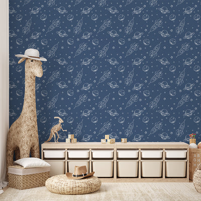 Dark Blue Spaceship & Planet Wallpaper S129
