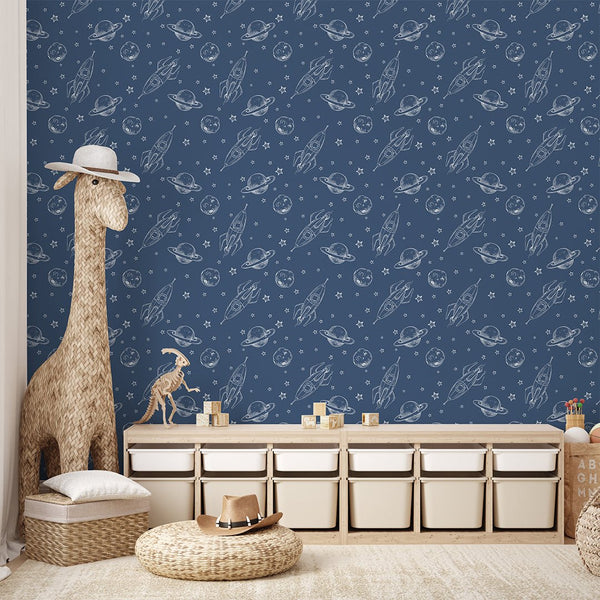 Dark Blue Spaceship & Planet Wallpaper S129 - CostaCover-Peel and stick Removable Wallpaper-abstract wall art-accent wallpaper-adhesive wallpaper