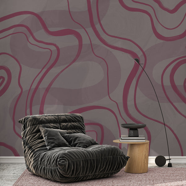 Pink abstract wallpaper with oversized organic curves and a soft gray textured background, designed for minimalist and contemporary home interiors.
