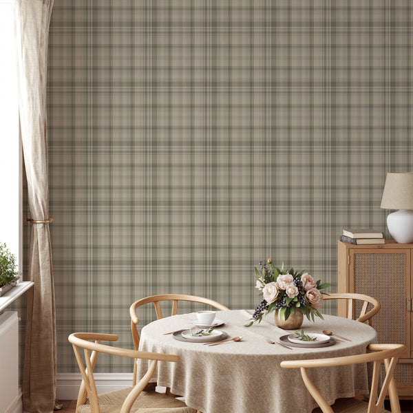 Vintage sage green tartan wallpaper with overlapping checkered stripes and fine zigzag detailing, creating a subtle woven-inspired look for rustic interiors.