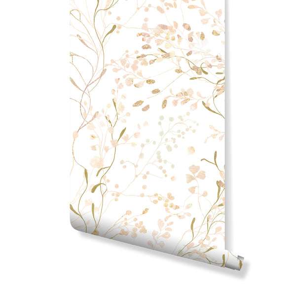 Floral Wallpaper featuring soft, airy scatter of delicate stems, tiny berries, and petite leaves on a white ground with blush pink, beige, and muted gold accents. Perfect for bedrooms, nurseries, or home offices, adding a modern cottage feel with removable peel and stick convenience.