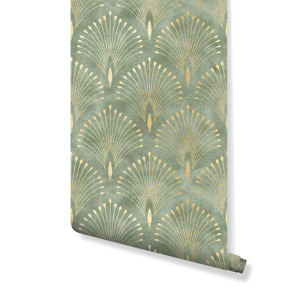 Green Art Deco wallpaper with overlapping fan scallops and olive green watercolor washes. Featuring thin gold linework and teardrop details, this vintage luxe design is perfect for living rooms or bedrooms, offering a refined statement wall. Easy to apply and reposition, ideal for decorators and designers.
