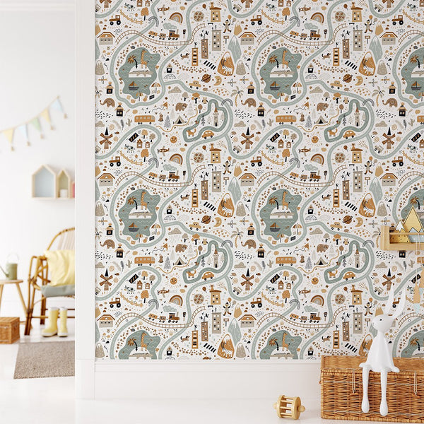 Cartoon World Map Wallpaper CC294 - CostaCover - Peel and stick Removable Wallpaper - adhesive wallpaper - animal print - Animal print wallpaper