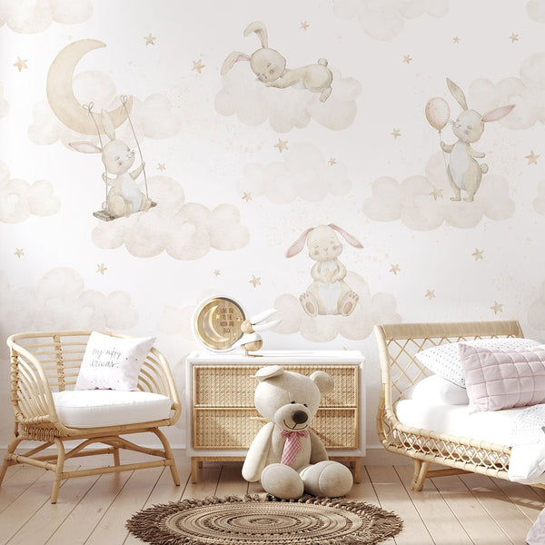 Beige Bunny on Clouds Wall Mural SM068 - CostaCover - Peel and stick Removable Wallpaper - Abstract - abstract wall art - abstract wallpaper