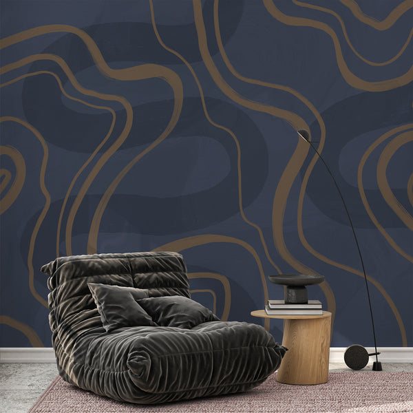 Modern abstract wallpaper with flowing brown curved lines over a deep navy blue background for minimalist living room or bedroom decor.