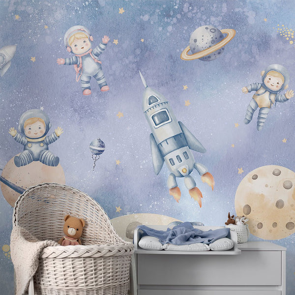 Purple Astronauts & Planets Wall Mural SM082 - CostaCover - Peel and stick Removable Wallpaper - accent wallpaper - adhesive wallpaper - baby bedroom