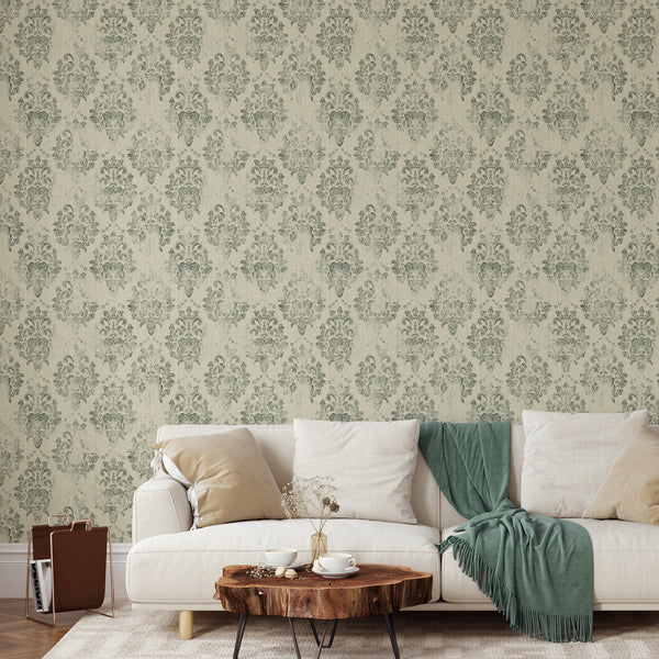 Pre-pasted sage green damask wallpaper, creating a historic-inspired accent wall in entryways.