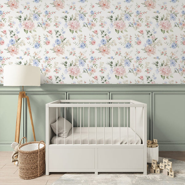 Pink Blue Flower Bouquet Wallpaper S059 - CostaCover - Peel and stick Removable Wallpaper - accent wallpaper - adhesive wallpaper - bathroom wallpaper