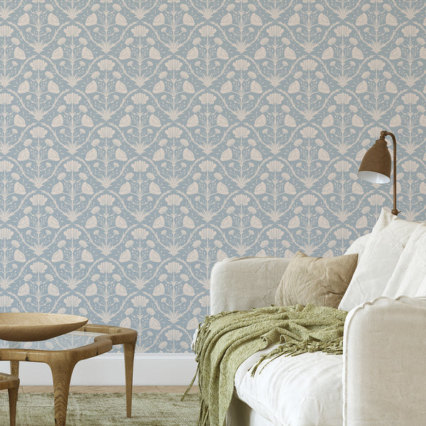 Vintage floral wallpaper with linen-like texture, offering heritage charm for a hallway. Pre-pasted wallpaper, easy to reposition, ideal for renters.