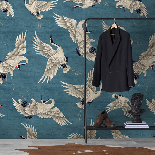 Flying Blue Japanese Cranes Wall Mural WM116 - CostaCover - Peel and stick Removable Wallpaper - accent wallpaper - adhesive wallpaper - aqua blue