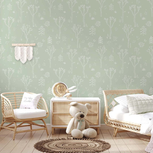 Green White Tree Forest Wallpaper S048 - CostaCover - Peel and stick Removable Wallpaper - abstract forest - abstract wall art - abstract wallpaper