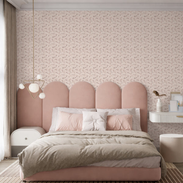 Floral vine wallpaper with twining stems and rose tones, creating a romantic feel for a dining room.