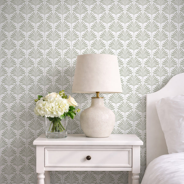 Sage Green Coastal Leaves Wallpaper L061