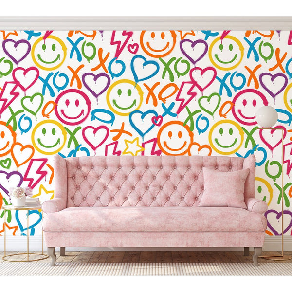 Colorful Smile Graffiti Wallpaper W171 - CostaCover-Peel and stick Removable Wallpaper-abstract wallpaper-accent wallpaper-adhesive wallpaper