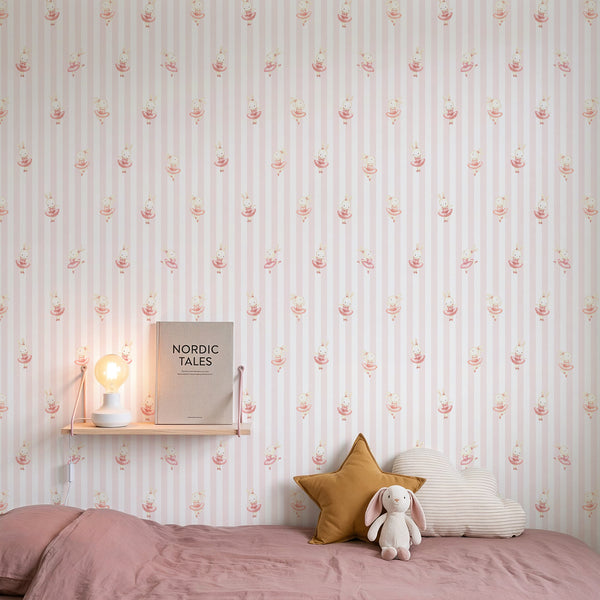 Coquette nursery wallpaper with blush vertical stripes and a watercolor bunny in ballet slippers, designed for a sweet girls room accent wall.