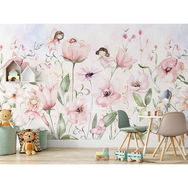 Cute Pink Flower Fairy Wall Mural SM053 - CostaCover - Peel and stick Removable Wallpaper - accent wallpaper - adhesive wallpaper - baby bedroom