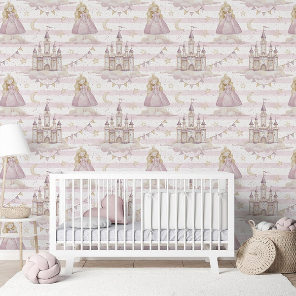 Princess Castle & Stripe Wallpaper A041 - CostaCover-Peel and stick Removable Wallpaper-accent wallpaper-adhesive wallpaper-baby bedroom