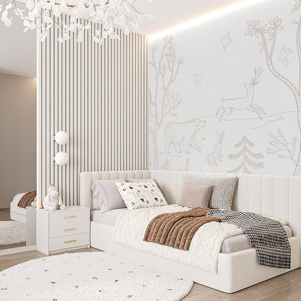 White Beige Forest Animals Wall Mural SM018 - CostaCover - Peel and stick Removable Wallpaper - accent wallpaper - adhesive wallpaper - animal print