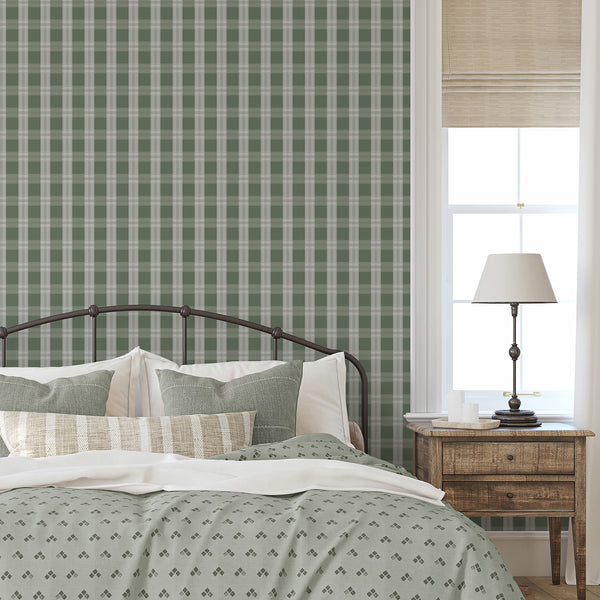 Moody green plaid wallpaper with pale sage checks and subtle woven-style lines, ideal for cottagecore bedrooms, offices, or living room decor.
