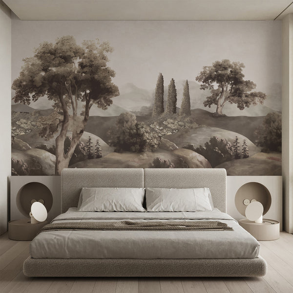 Neutral vintage wallpaper showcasing a serene pastoral landscape with layered hills, trees and soft brown tones, ideal for a cozy bedroom wall.