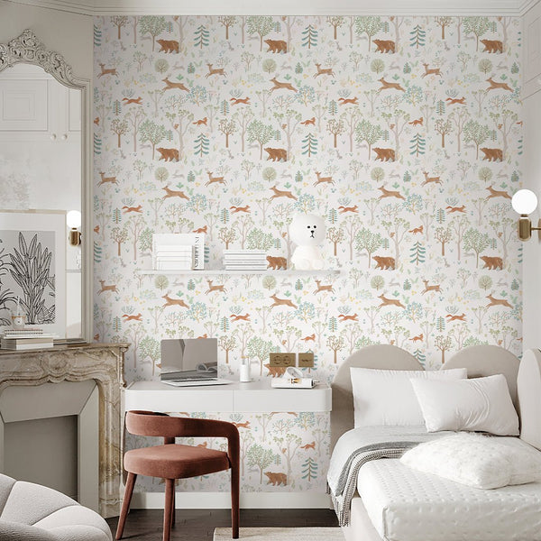 Beige Green Forest Animals Wallpaper S056 - CostaCover - Peel and stick Removable Wallpaper - accent wallpaper - adhesive wallpaper - animal print