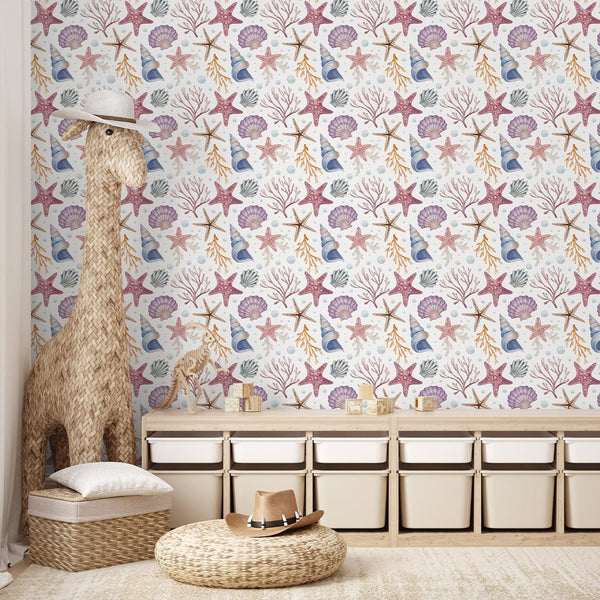 Seashells and Corals Wallpaper S090 - CostaCover - Peel and stick Removable Wallpaper - accent wallpaper - adhesive wallpaper - baby bedroom