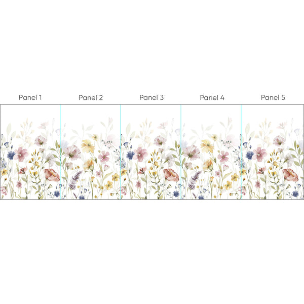 Horizontal wildflower wall mural in soft pastel hues, including pale pink, muted yellow, sage green, and lavender on a bright off-white ground. The continuous band of floral elements is perfect for a bedroom or nursery, providing a light and cheerful atmosphere. Ideal for renters seeking a floral skirting effect with removable wallpaper.