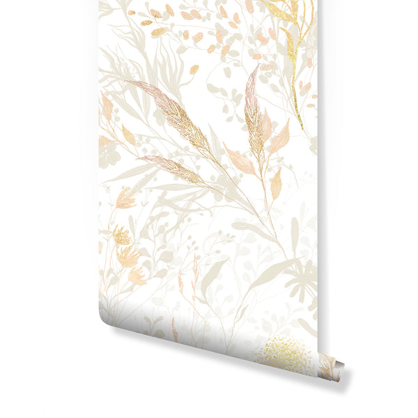 Beige & Gold Floral Wallpaper with airy botanical sprigs on an off-white ground. Features warm beige, soft peach, rose tones, and shimmering gold highlights for an elegant glow. Ideal for bedrooms, nurseries, or living rooms, blending with modern classic decor. Removable peel and stick option for temporary home decor.