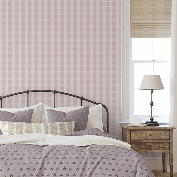 Soft pink plaid wallpaper with light ivory checks and delicate woven-style line.