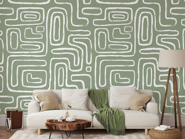 Olive Green Boho Line Wallpaper W008 - CostaCover - Peel and stick Removable Wallpaper - Abstract - abstract lines - abstract wall art
