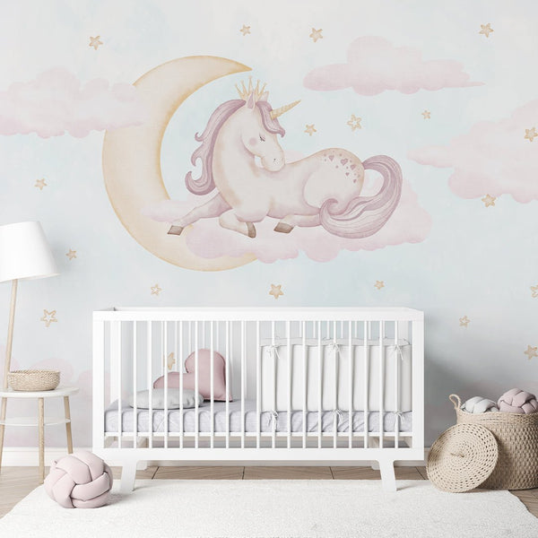 Unicorn on Clouds Wall Mural AM141 - CostaCover-Peel and stick Removable Wallpaper-accent wallpaper-adhesive wallpaper-baby bedroom