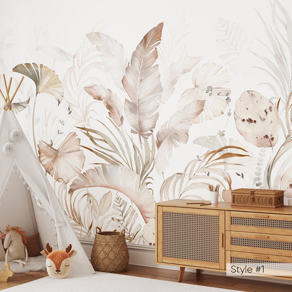 Tropical Pastel Palm Leaves Wall Mural WM017 - CostaCover - Peel and stick Removable Wallpaper - baby bedroom - bedroom interior - bedroom wallpaper