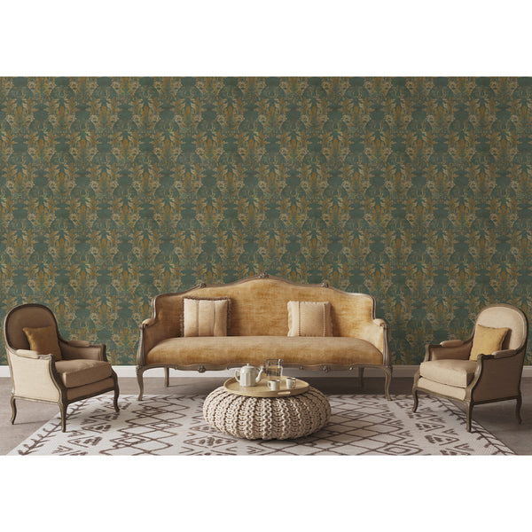 Luxury dark green wallpaper with oversized antique gold damask details and a distressed surface, ideal for a sophisticated bedroom or living room.
