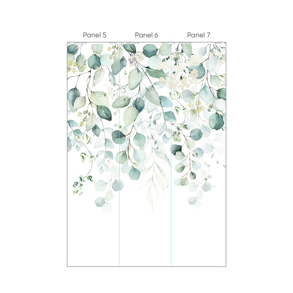 Eucalyptus wall mural displaying cascading branches with rounded leaves in pale mint, teal-green, and soft gray on a white ground. The airy vertical rhythm provides gentle movement, making it perfect for bedrooms or living rooms in coastal style. This removable, eco-friendly wallpaper is easy to reposition and suitable for decorators.